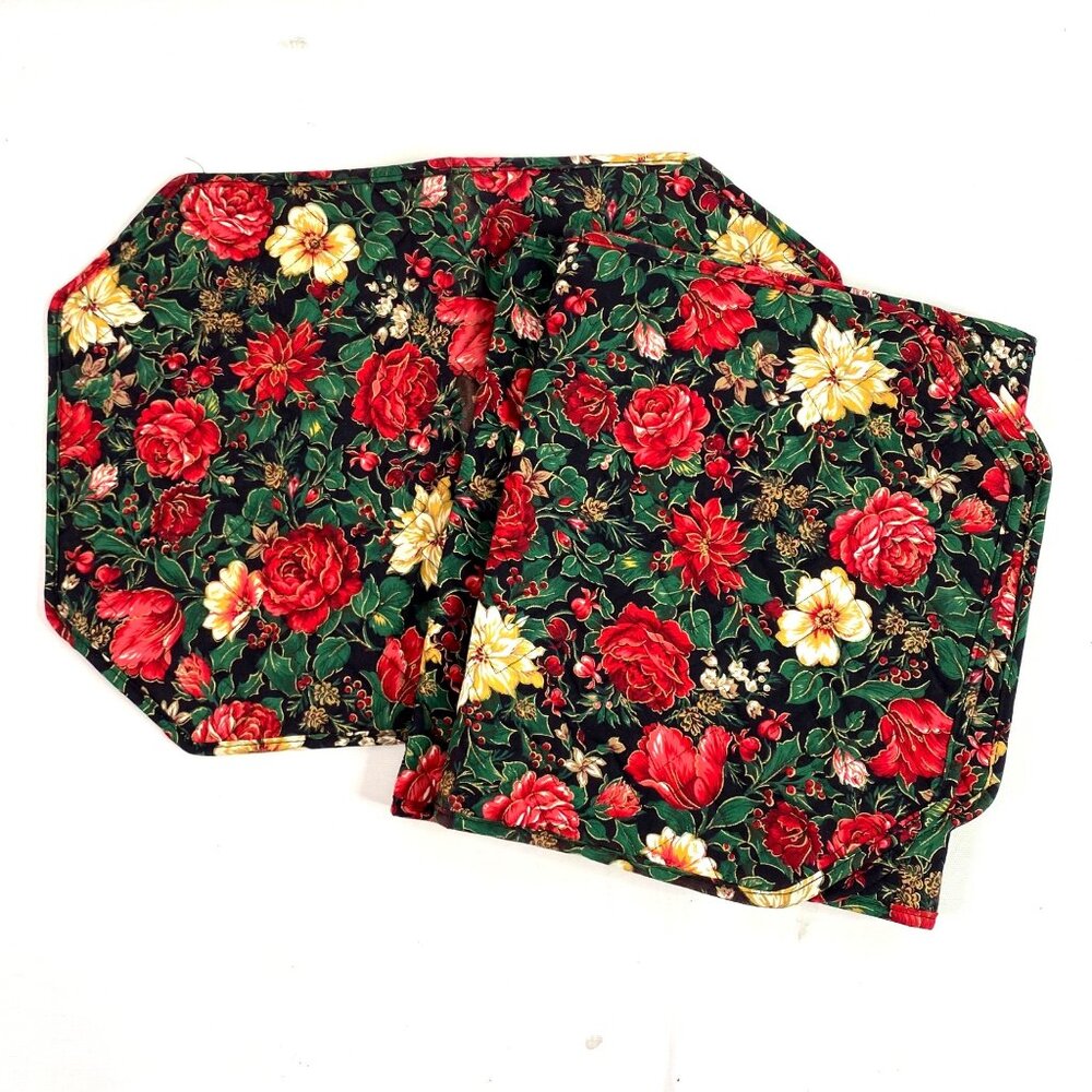Vintage Christmas Floral Table Runner & Placemat Set Festive Holiday Botanical D